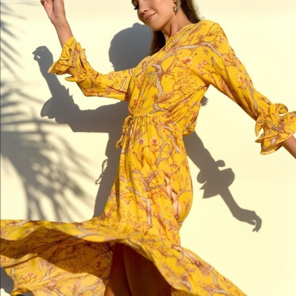 H&M Johanna Ortiz Women's Yellow Floral Boho Frill Summer Midi Crepe Dress Sz XS - Picture 4 of 16